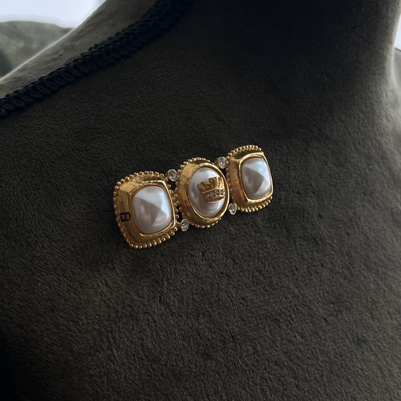 Vintage Fendi Crown Logo Faux Pearl Rhinestone Gold Bar Brooch Collectible